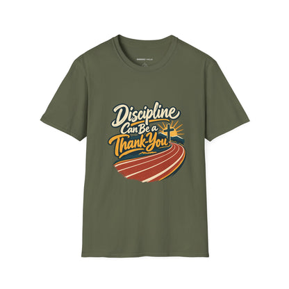 Graphic fitness T-shirt featuring the "Discipline Can Be a Thank-You" design.