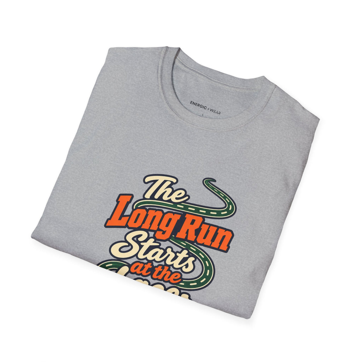 Graphic fitness T-shirt featuring the "The Long Run Starts at the Laces" design.
