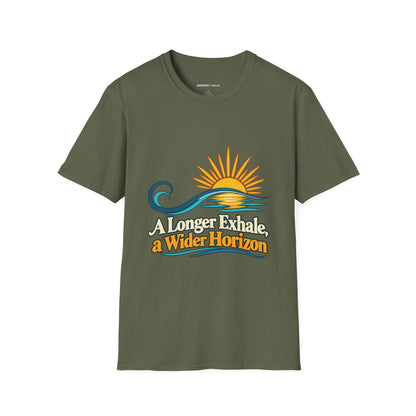 Graphic fitness T-shirt featuring the "A Longer Exhale a Wider Horizon" design.