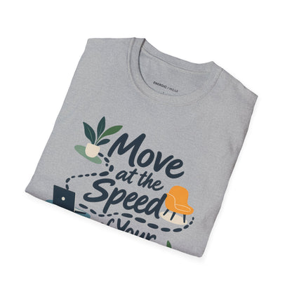 Graphic fitness T-shirt featuring the "Move at the Speed of Your Life" design.