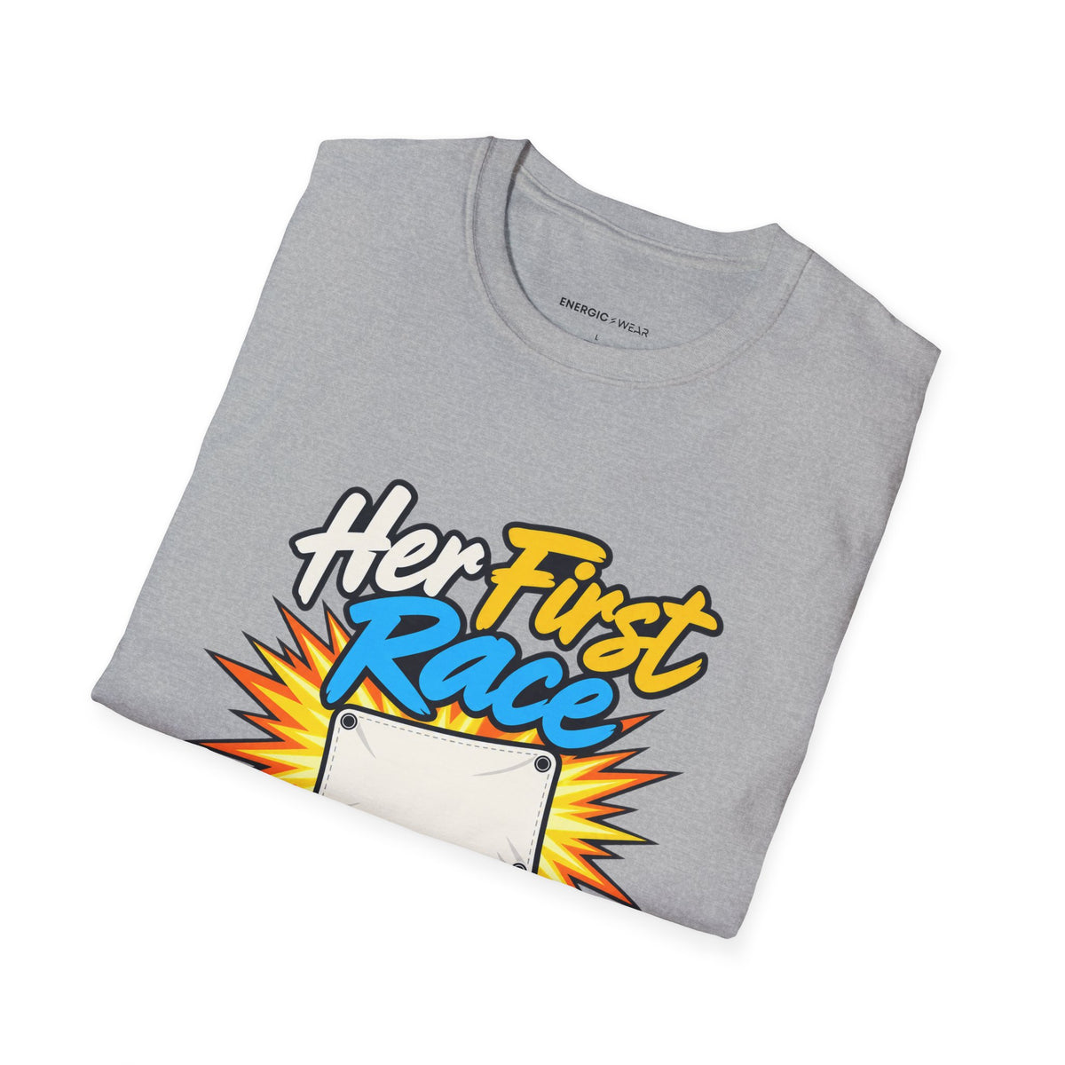 Graphic fitness T-shirt featuring the "Her First Race Deserves Full Volume" design.