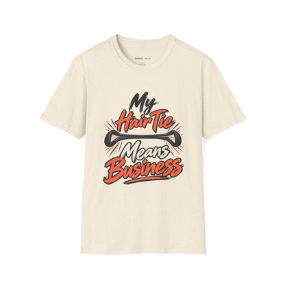 Graphic fitness T-shirt featuring the "My Hair Tie Means Business" design.