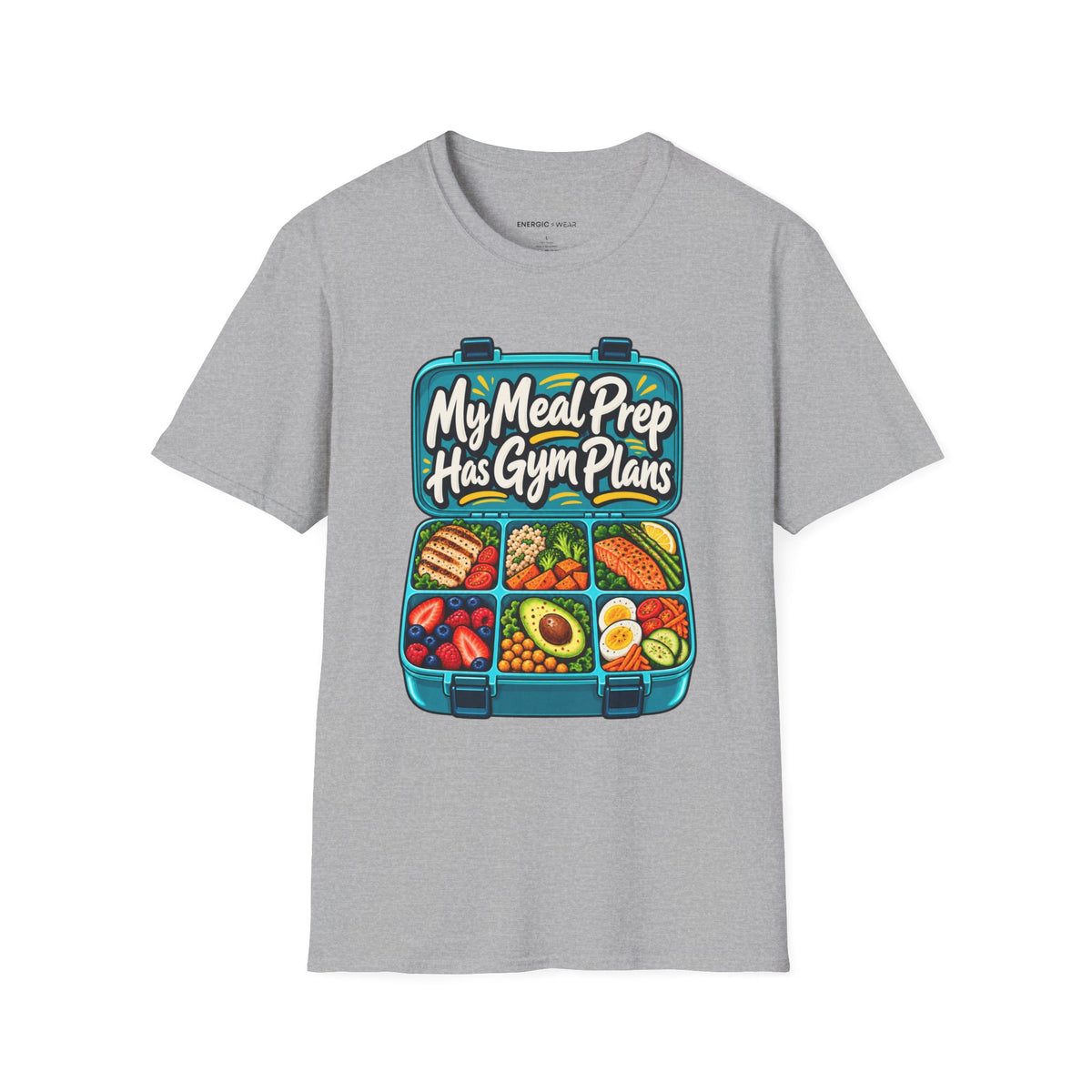 Graphic fitness T-shirt featuring the "My Meal Prep Has Gym Plans" design.
