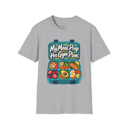 Graphic fitness T-shirt featuring the "My Meal Prep Has Gym Plans" design.