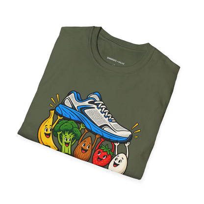 Graphic fitness T-shirt featuring the "Fueling This Workout Is a Group Project" design.