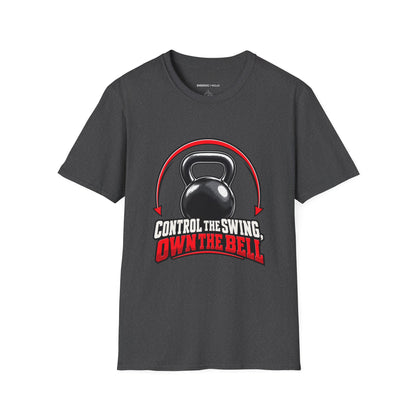 Graphic fitness T-shirt featuring the "Control the Swing Own the Bell" design.