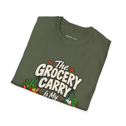 Graphic fitness T-shirt featuring the "The Grocery Carry Is My Unofficial Event" design.