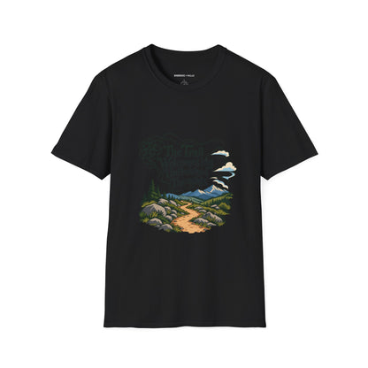 Graphic fitness T-shirt featuring the "The Trail Welcomes My Unfinished Thoughts" design.