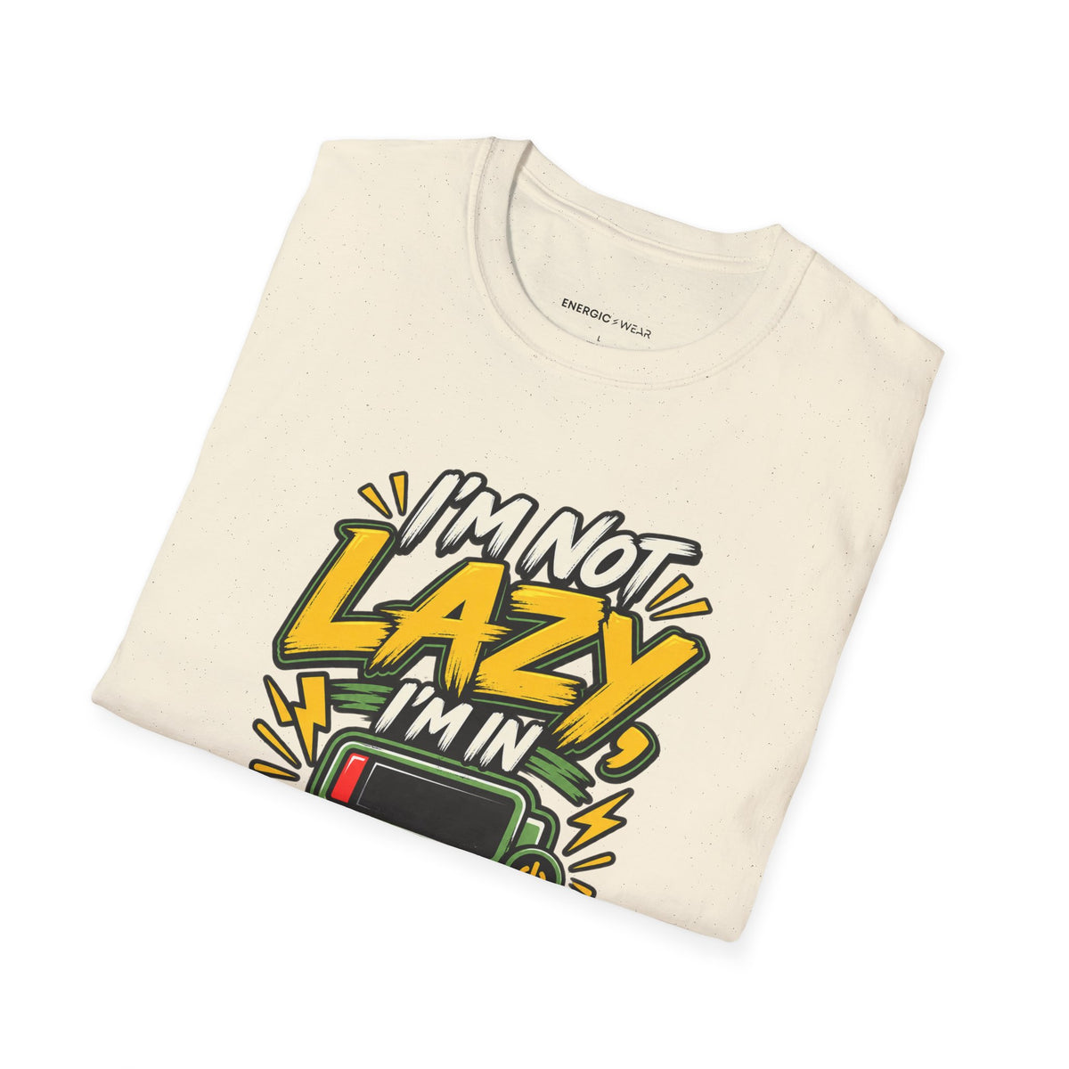 Graphic fitness T-shirt featuring the "I'm Not Lazy, I'm in Energy Saving Mode" design.