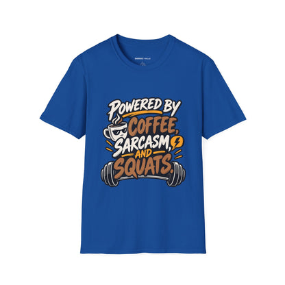 Graphic fitness T-shirt featuring the "Powered by Coffee, Sarcasm and Squats" design.