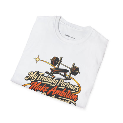 Graphic fitness T-shirt featuring the "My Training Partners Make Ambition Contagious" design.