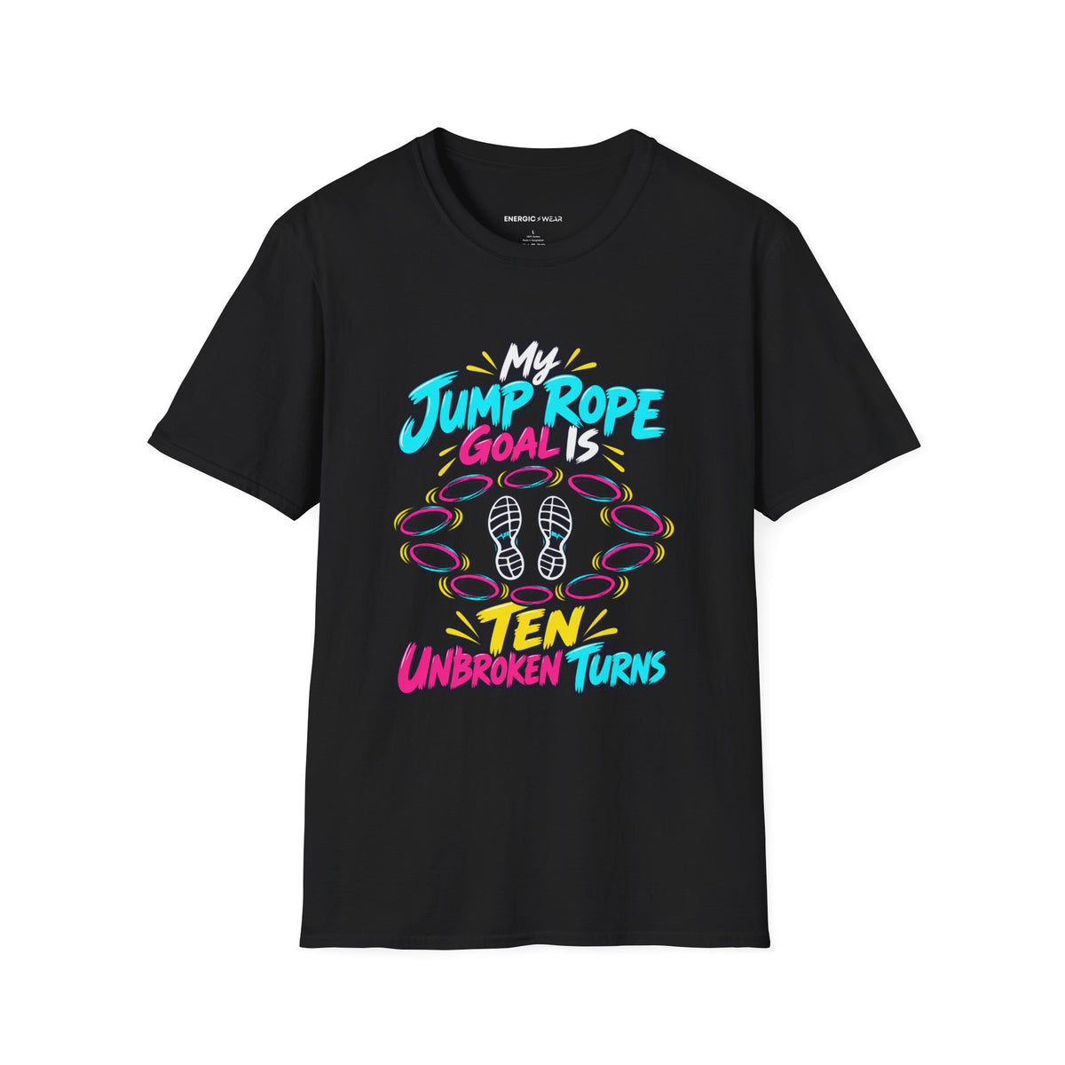 Graphic fitness T-shirt featuring the "My Jump Rope Goal Is Ten Unbroken Turns" design.