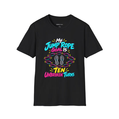 Graphic fitness T-shirt featuring the "My Jump Rope Goal Is Ten Unbroken Turns" design.