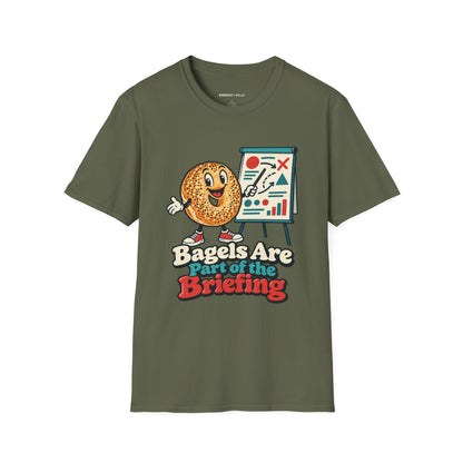 Graphic fitness T-shirt featuring the "Bagels Are Part of the Briefing" design.