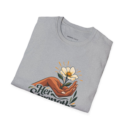 Graphic fitness T-shirt featuring the "Her Strength Has Room for Kindness" design.