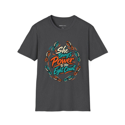 Graphic fitness T-shirt featuring the "She Brings Power to the Eight Count" design.