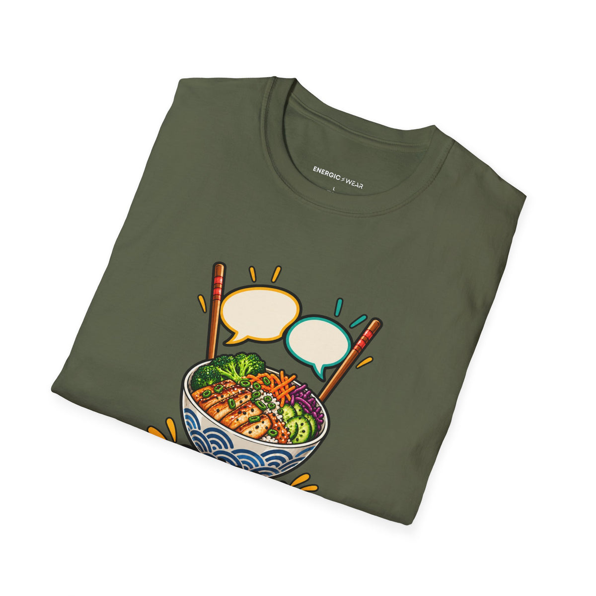 Graphic fitness T-shirt featuring the "My Post-Workout Debrief Comes With Chopsticks" design.