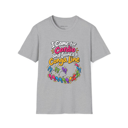 Graphic fitness T-shirt featuring the "I Came for Cardio and Joined a Conga Line" design.