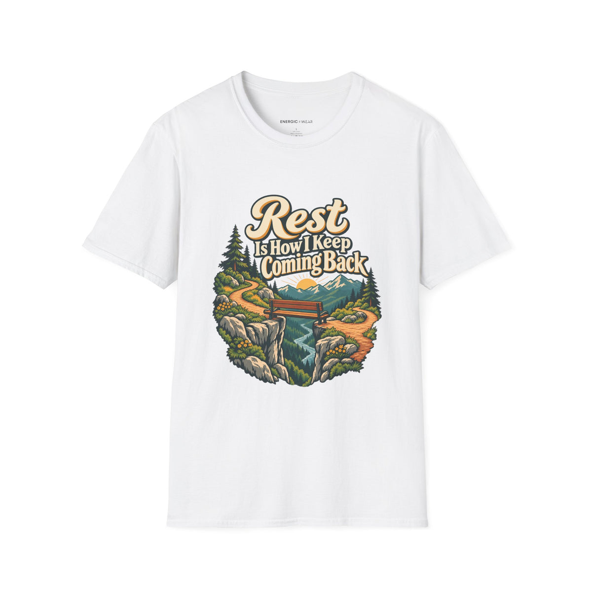 Graphic fitness T-shirt featuring the "Rest Is How I Keep Coming Back" design.