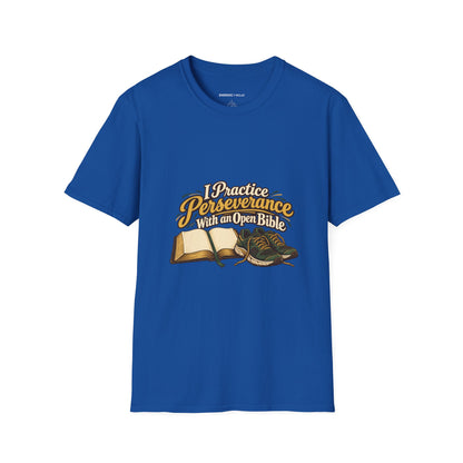 Graphic fitness T-shirt featuring the "I Practice Perseverance with an Open Bible" design.