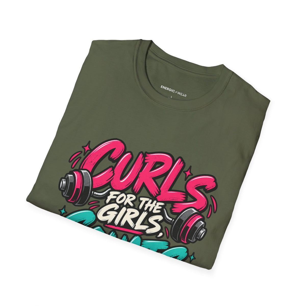 Graphic fitness T-shirt featuring the "Curls for the Girls, Squats for the Thoughts" design.