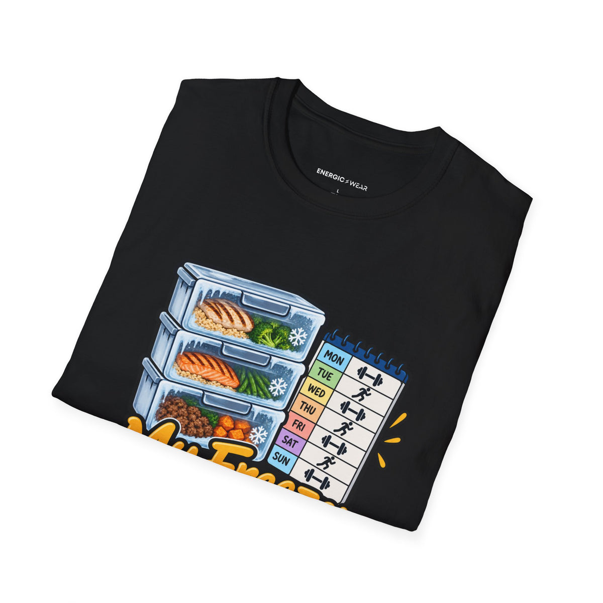 Graphic fitness T-shirt featuring the "My Freezer Is Part of the Training Plan" design.