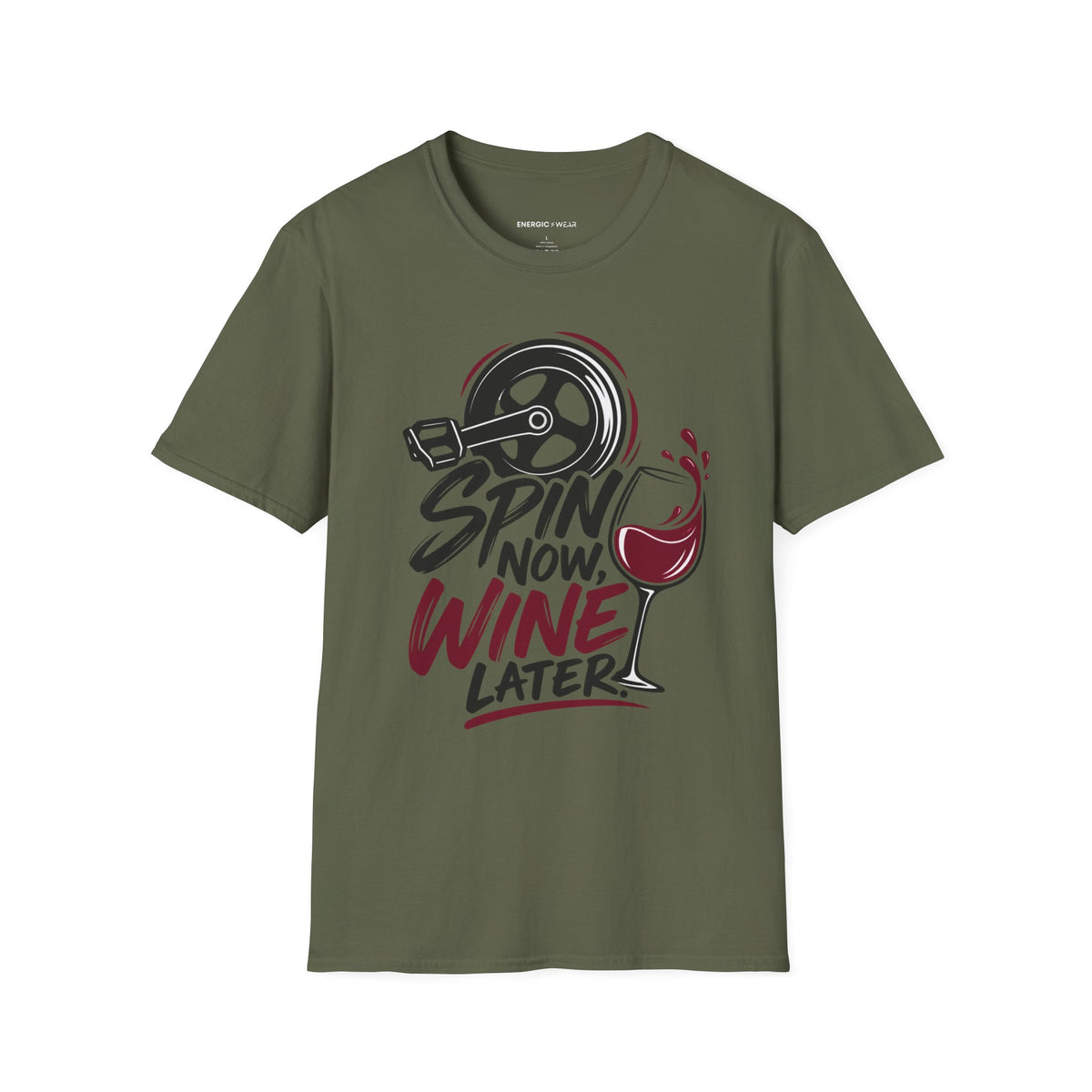 Graphic fitness T-shirt featuring the "Spin Now, Wine Later" design.