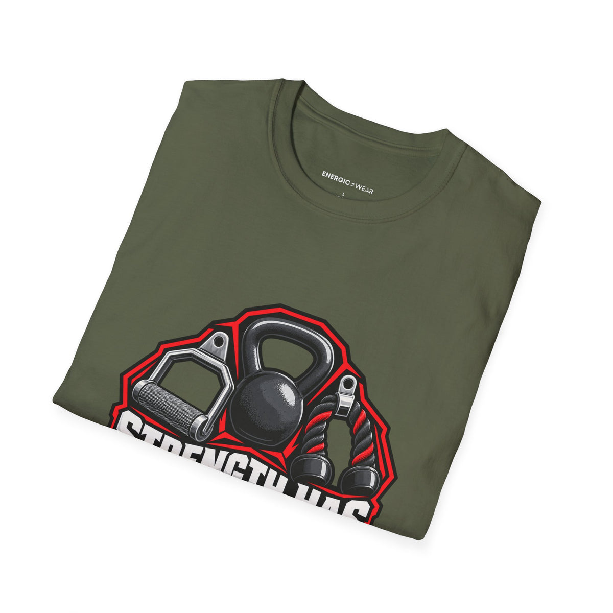 Graphic fitness T-shirt featuring the "Strength Has More Than One Grip" design.
