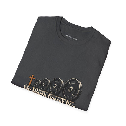 Graphic fitness T-shirt featuring the "My Worth Doesn t Rise With the Weight" design.