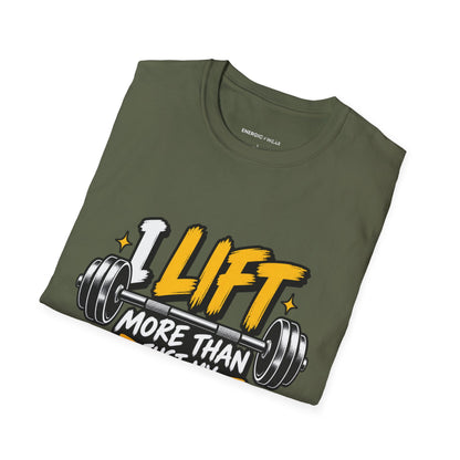 Graphic fitness T-shirt featuring the "I Lift More Than My Spirits" design.
