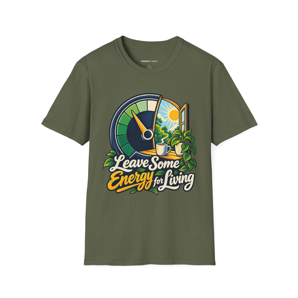Graphic fitness T-shirt featuring the "Leave Some Energy for Living" design.