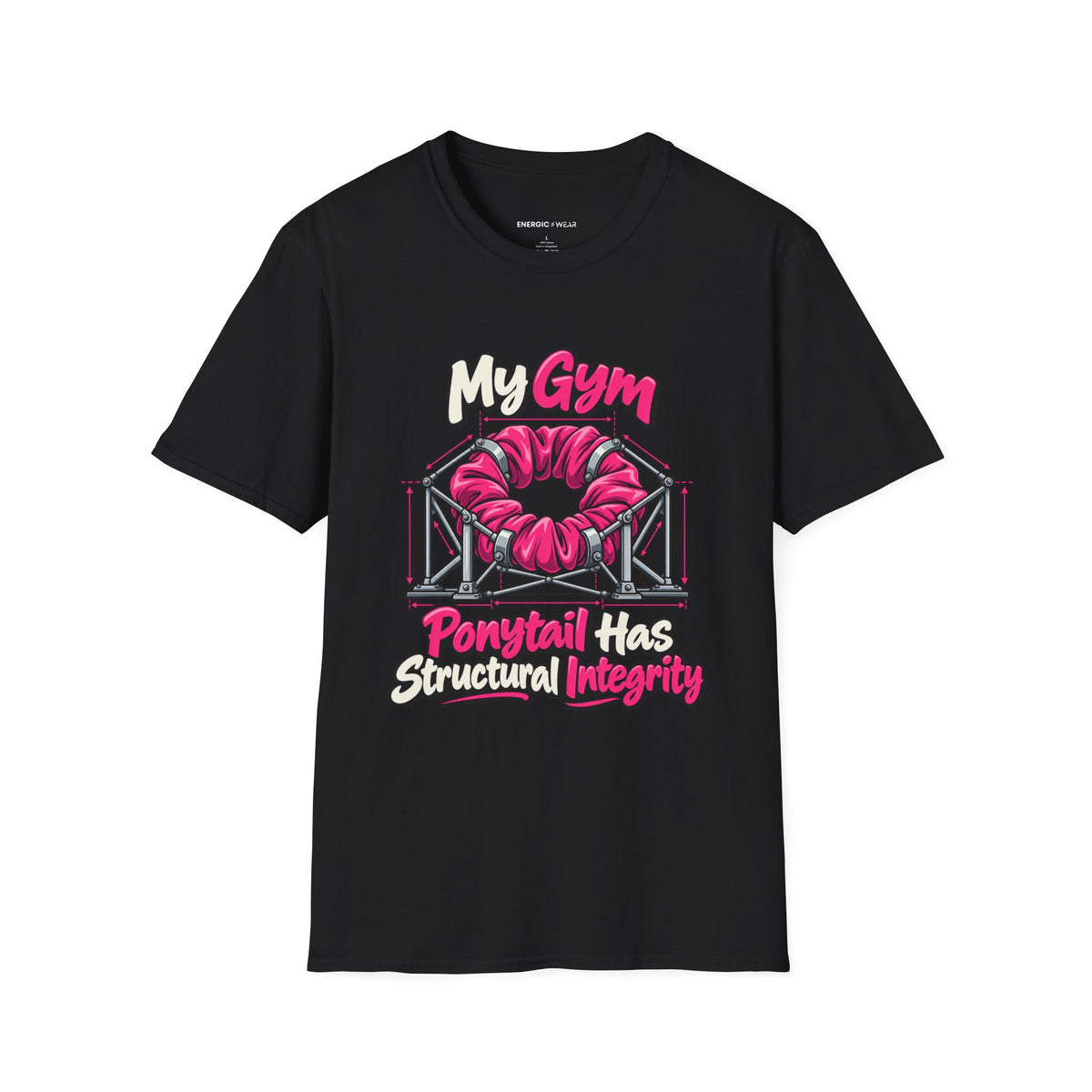 Graphic fitness T-shirt featuring the "My Gym Ponytail Has Structural Integrity" design.