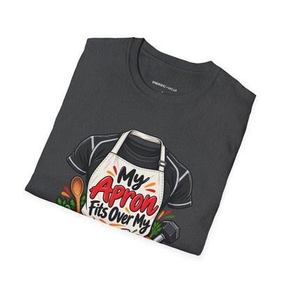 Graphic fitness T-shirt featuring the "My Apron Fits Over My Gym Clothes" design.