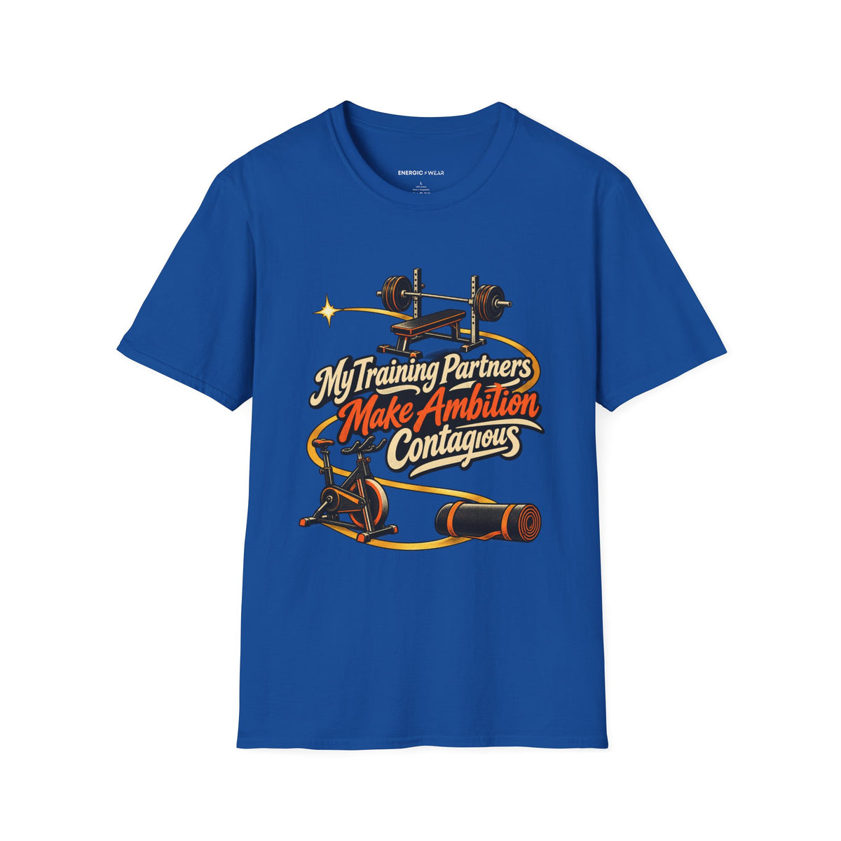 Graphic fitness T-shirt featuring the "My Training Partners Make Ambition Contagious" design.