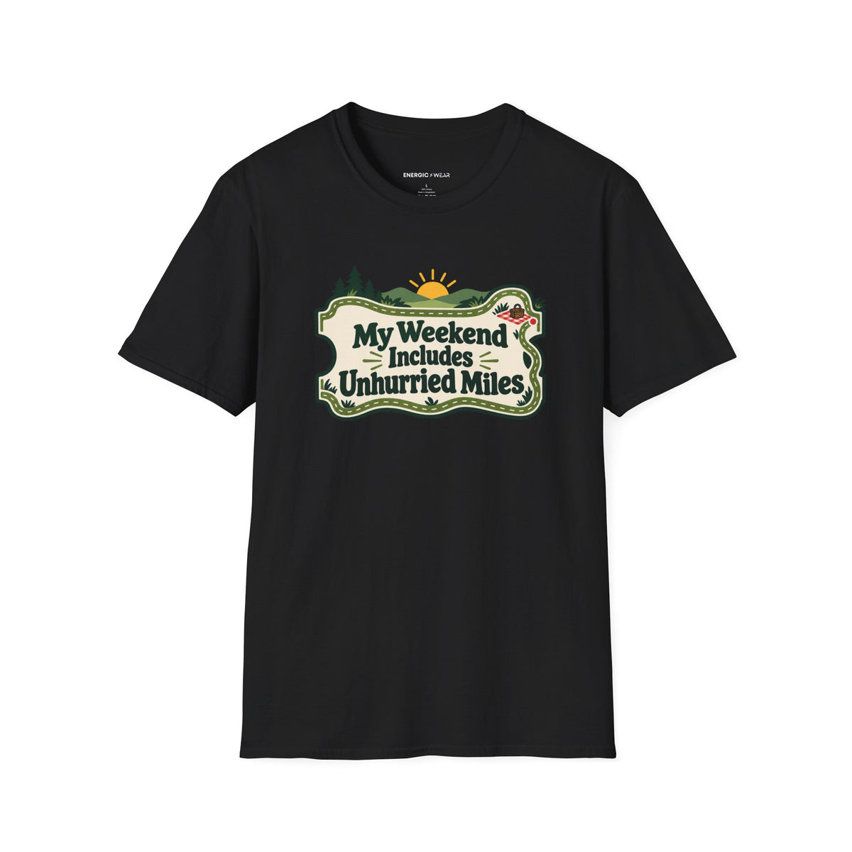 Graphic fitness T-shirt featuring the "My Weekend Includes Unhurried Miles" design.