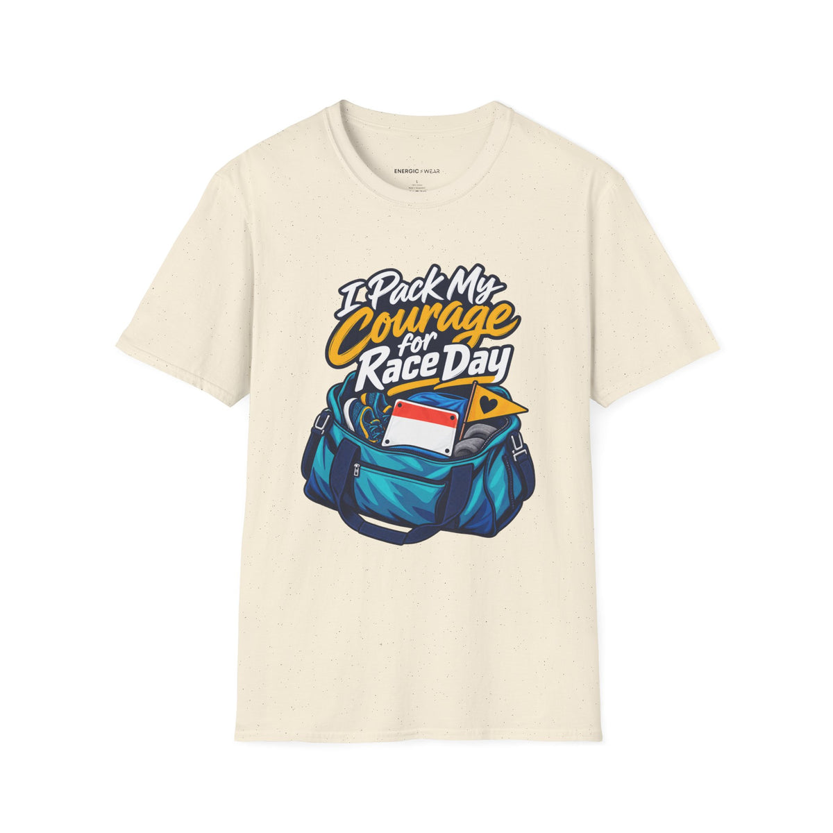 Graphic fitness T-shirt featuring the "I Pack My Courage for Race Day" design.
