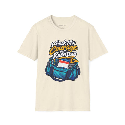 Graphic fitness T-shirt featuring the "I Pack My Courage for Race Day" design.