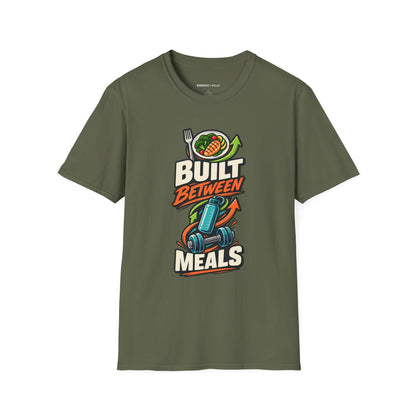 Graphic fitness T-shirt featuring the "Built Between Meals" design.
