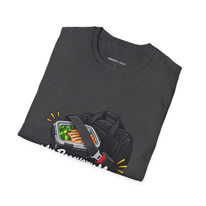 Graphic fitness T-shirt featuring the "My Recovery Meal Deserves a Seatbelt" design.