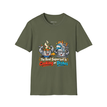 Graphic fitness T-shirt featuring the "The Real Superset Is Cooking and Dishes" design.