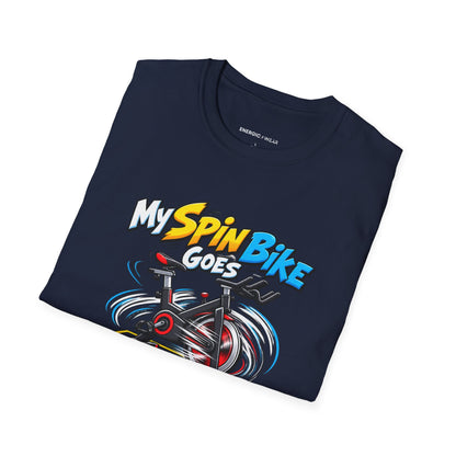 Graphic fitness T-shirt featuring the "My Spin Bike Goes Nowhere with Great Enthusiasm" design.