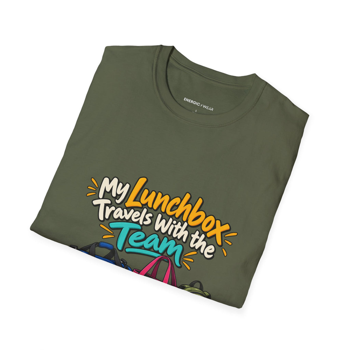 Graphic fitness T-shirt featuring the "My Lunchbox Travels With the Team" design.