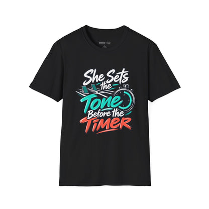 Graphic fitness T-shirt featuring the "She Sets the Tone Before the Timer" design.