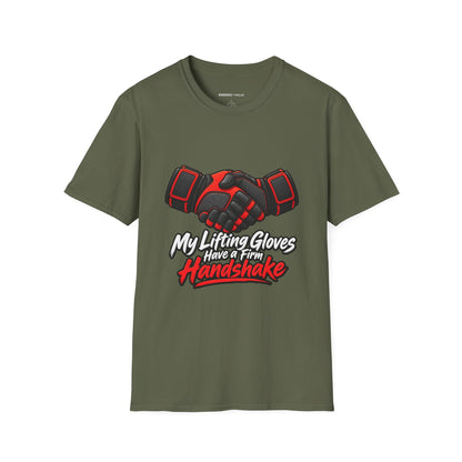 Graphic fitness T-shirt featuring the "My Lifting Gloves Have a Firm Handshake" design.