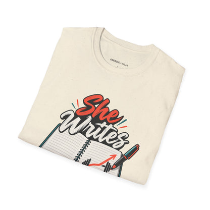 Graphic fitness T-shirt featuring the "She Writes Her Own Training Notes" design.