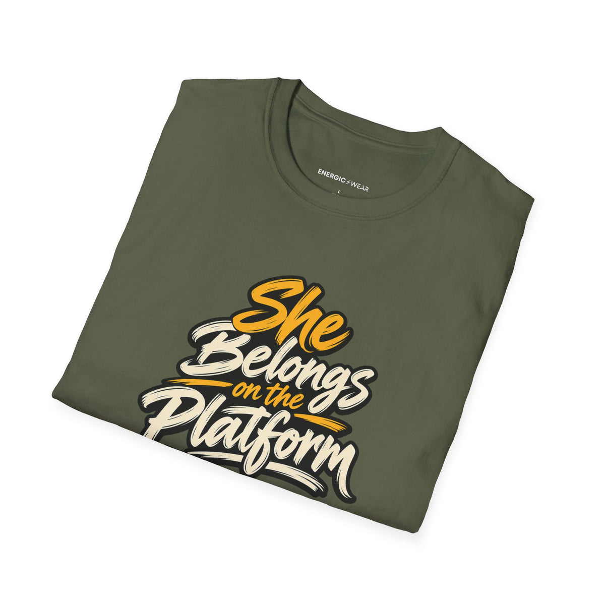 Graphic fitness T-shirt featuring the "She Belongs on the Platform" design.