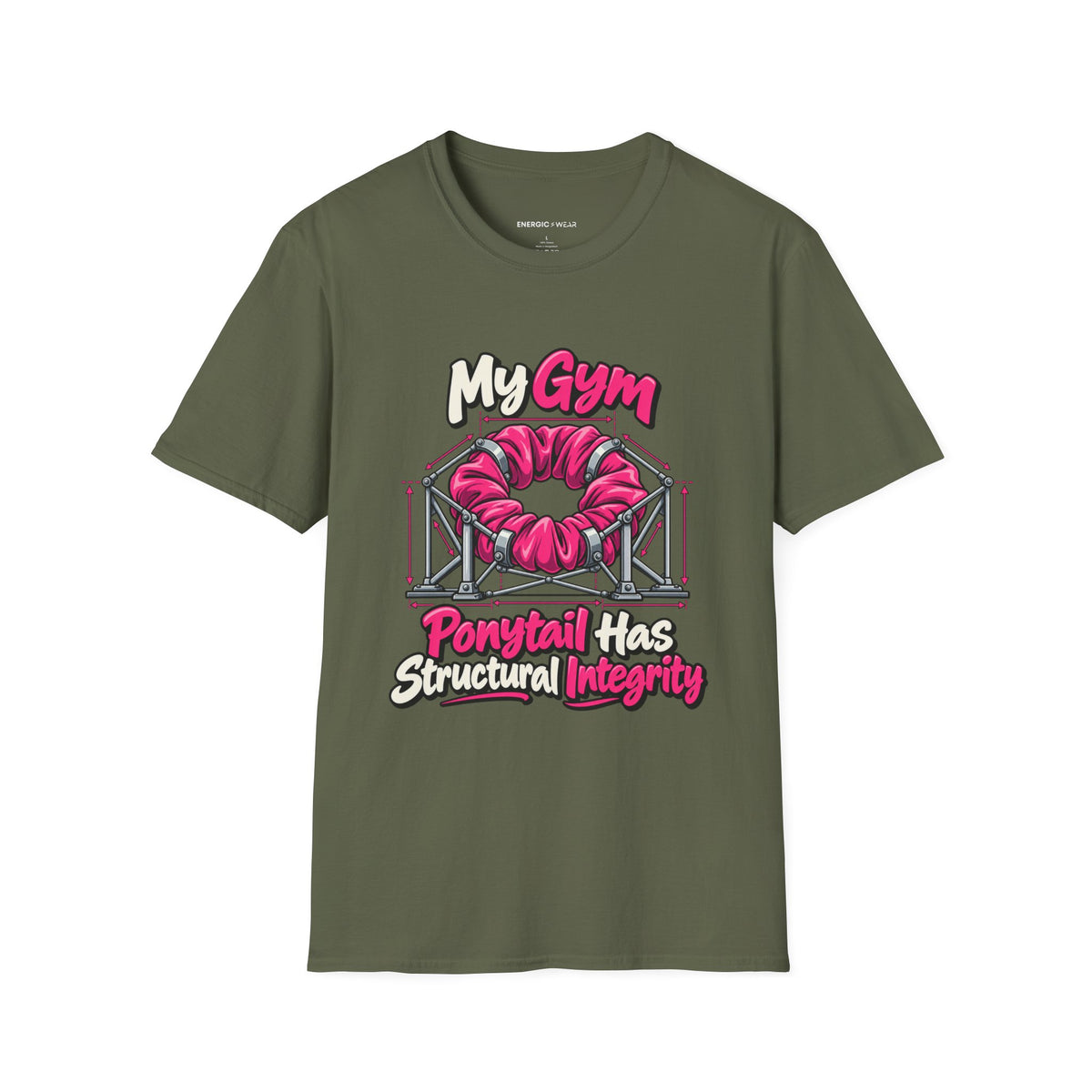 Graphic fitness T-shirt featuring the "My Gym Ponytail Has Structural Integrity" design.