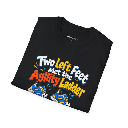 Graphic fitness T-shirt featuring the "Two Left Feet Met the Agility Ladder" design.