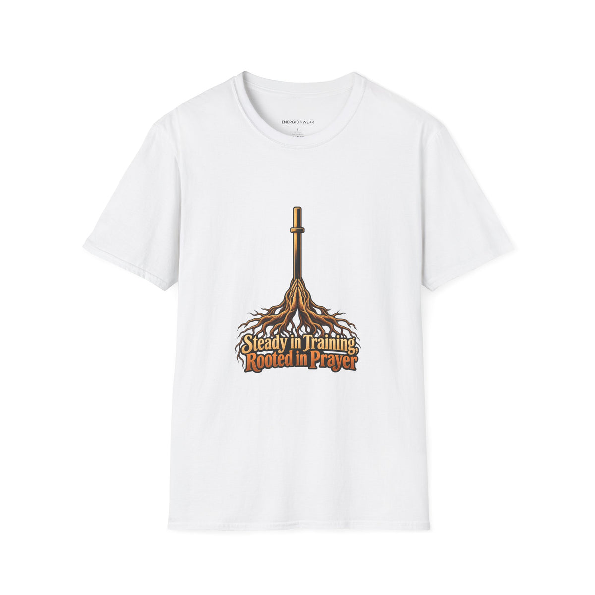 Graphic fitness T-shirt featuring the "Steady in Training, Rooted in Prayer" design.