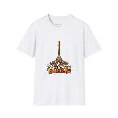Graphic fitness T-shirt featuring the "Steady in Training, Rooted in Prayer" design.